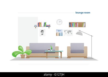 Salon contemporain avec mobilier isolé sur fond blanc. vector, télévision intérieur élégant de style salon de détente. Illustration de Vecteur