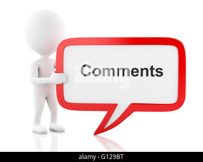 Moteur de rendu 3d image. Les blancs avec bulle qui dit Commentaires. Concept de communication. Isolé sur fond blanc. Banque D'Images