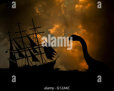 Bateau flottant sur l'océan et dinosaur silhouette sur belle nuit nuageuse Banque D'Images