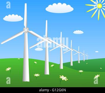 Éoliennes sur un champ avec camomille. Vector EPS 10 Illustration de Vecteur