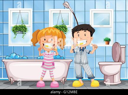 Garçon et fille se brosser les dents dans la salle de bains illustration Illustration de Vecteur