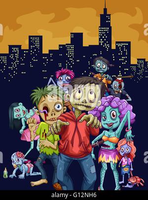 Zombies marcher dans la ville illustration Illustration de Vecteur