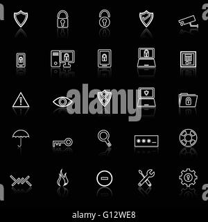 Icônes de ligne de sécurité avec réfléchir sur fond noir, vecteur d'actions Illustration de Vecteur
