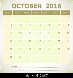 Octobre 2016 Calendrier semaine commence le dimanche, stock vector Illustration de Vecteur