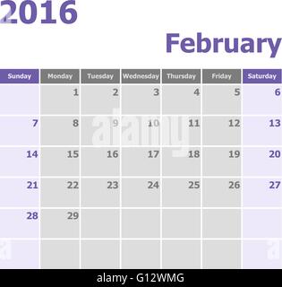 Février 2016 Calendrier semaine débute à partir de dimanche, vecteur d'actions Illustration de Vecteur