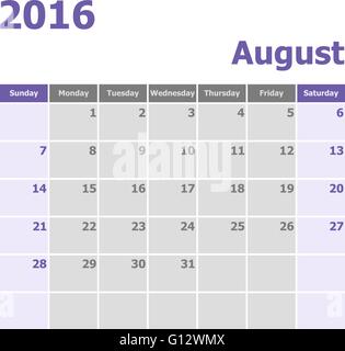 Août 2016 Calendrier semaine débute à partir de dimanche, vecteur d'actions Illustration de Vecteur