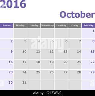 Octobre 2016 Calendrier semaine débute à partir de dimanche, vecteur d'actions Illustration de Vecteur