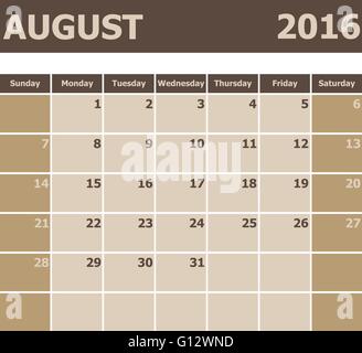 Calendrier Août 2016, la semaine commence à partir de dimanche, vecteur d'actions Illustration de Vecteur