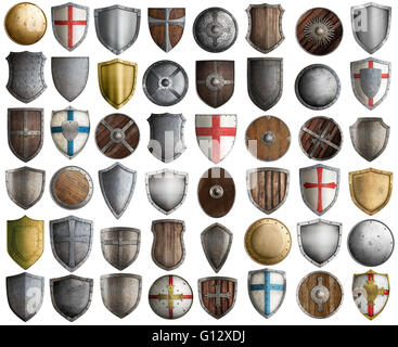 Grand jeu de chevalier médiéval isolé shields 3d illustration Banque D'Images
