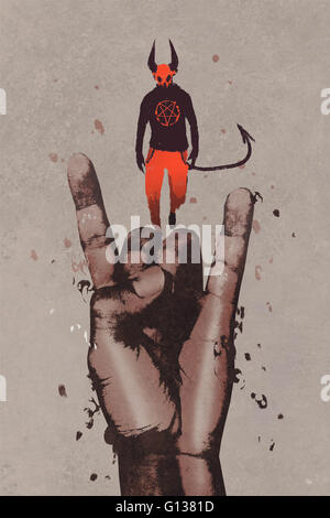 Grande main dans devil horns sign with devil satan,Peinture,illustration Banque D'Images