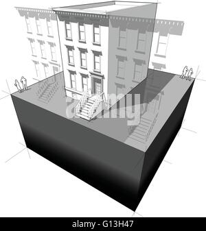 Schéma d'une maison de ville typiquement américaine (aka "brownstone") avec les bâtiments voisins Illustration de Vecteur