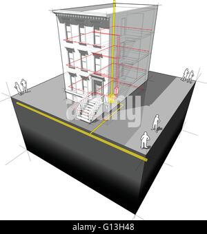 Schéma d'une maison de ville typiquement américaine (aka "brownstone") avec le gaz fourni avec micro générateur de production combinée de chaleur et d'électricité Illustration de Vecteur