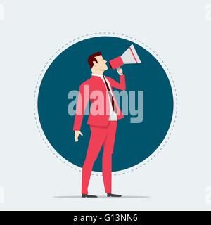 Homme d'affaires en costume rouge. Mégaphone. Vector illustration style plat. Illustration de Vecteur