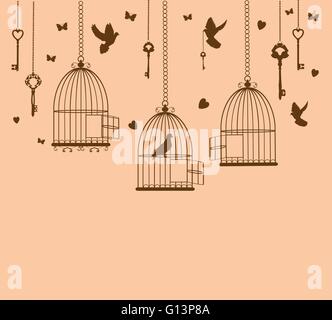 Vector illustration de carte vintage avec des oiseaux et des cages Illustration de Vecteur