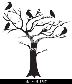 Vector illustration d'un arbre avec les yeux et les corneilles Illustration de Vecteur
