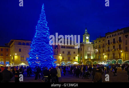 PLAÇA MAJOR, VIC, Catalogne, Espagne, la nuit pendant la saison de Noël avec de grands arbres de Noël Banque D'Images