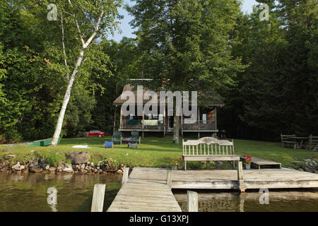 Chalet près d'un lac dans l'ouest de New York, USA, avec un couvert de lichens érable en face d'elle. De près de l'expérience tre couvertes de lichen Banque D'Images