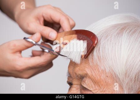 Salon de beauté femme senior coupe de cheveux gris Banque D'Images