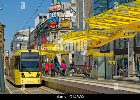 La station de tramway Metrolink Manchester à Corporation Street, Exchange Square, Manchester, Greater Manchester, Angleterre Banque D'Images