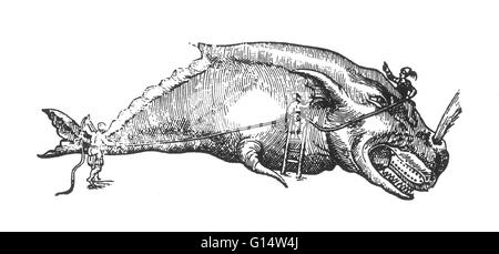 Gravure sur bois d'un "whale' de des monstres et prodiges d'Ambroise Paré, 1573. Des monstres est rempli avec des comptes du sea devils, truies, marine et d'animaux monstrueux avec des visages humains. Fort de son analyse de la reproduction et illustrat Banque D'Images