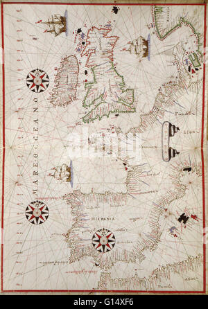 16e siècle plan de l'Europe de l'Ouest. Publié autour de 1590, cette carte montre les côtes de l'Europe de l'Ouest et de la Méditerranée, et fait partie d'un atlas portolan (une collection de cartes de navigation) par le cartographe Joan Oliva, qui fut actif de 1580 Banque D'Images