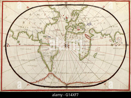 16e siècle carte du monde. Publié autour de 1590, cette carte montre le monde connu, y compris les nouvelles terres d'être découvert par les Européens à la découverte à travers l'Atlantique et de loin à l'Est autour de l'Afrique. Elle fait partie d'un atlas portolan (une collection de Banque D'Images