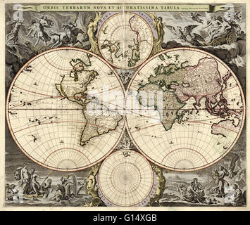 17e siècle carte du monde. Publié à Amsterdam, il s'agit d'une édition 1690 d'une carte 1658 par le cartographe néerlandais Nicolaes Visscher (1649-1702). Il montre l'expansion de l'exploration du monde connu. Le plan divise la Terre dans un western et Pâques Banque D'Images