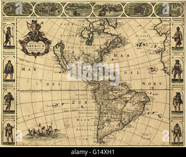 17e siècle la carte des Amériques. Publié à Amsterdam en 1660, cette carte par le cartographe hollandais Frederick de Wit (c.1630-1706) montre la géographie de l'Amérique, le nouveau monde d'être exploré par les Européens. L'exploration de l'Amérique du Sud était bien un Banque D'Images