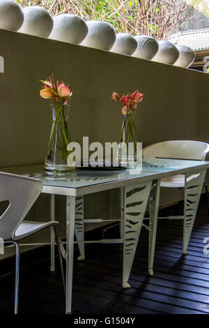 Deux vases de fleurs sur une table en verre haut Banque D'Images