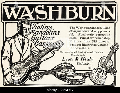 Old vintage original magazine américain annonce à partir de l'époque édouardienne datée 1910. Publicité Publicité Washburn violons mandolines guitares et banjos par Lyon & Healy de Chicago USA Banque D'Images