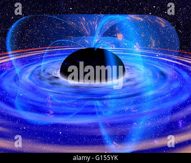 L'oeuvre de l'ordinateur d'un trou noir en libérant de l'énergie. Cette image est une interprétation de l'artiste du trou noir supermassif au centre de la galaxie MCG 6-30-15. L'œuvre est basé sur l'observation que le trou noir est magnétisé et filature. Quand il Banque D'Images