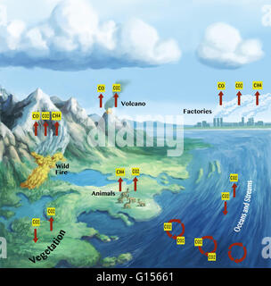 Le cycle du carbone décrit le mouvement du carbone qu'il est recyclé et réutilisé dans toute la biosphère. Les molécules à base de carbone sont cruciales à la vie sur terre. Dans l'atmosphère, le carbone se combine avec deux atomes d'oxygène, ce qui en fait une molécule appelée dioxid de carbone Banque D'Images