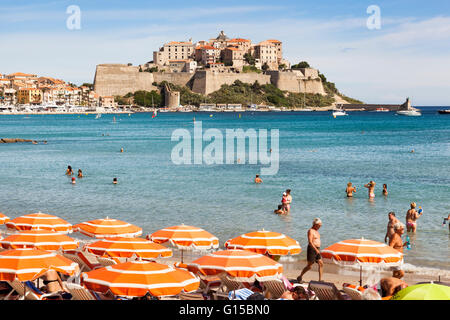 La Citadelle, et les touristes à la mer, Calvi, Haute-Corse, Corse, France Banque D'Images