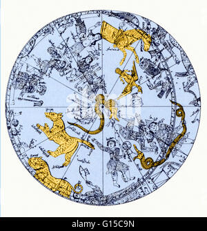 Une illustration de l'hémisphère nord d'un globe céleste en laiton appartenant au major-général Sir John Malcolm. Le globe en laiton a été faite par Muhammad ibn Hilal, éventuellement de Maragha, nord-ouest de l'Iran, AD 1275-76. Banque D'Images