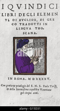 1545 livre romaine avec une gravure sur bois portrait d'Euclide sur le couvercle. Euclid (sens, bonne gloire, 300 avant J.-C.) était un mathématicien grec, souvent appelé le "Père de la géométrie'. On sait peu de choses sur sa vie. La date et le lieu de naissance d'Euclide et de la dat Banque D'Images