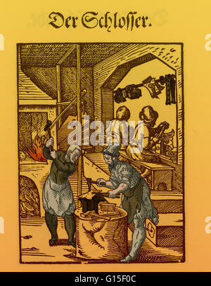 Le serrurier. La gravure reproduite à partir de Jost Amman's 'Eygentliche Beschreibung aller Stande auff Erden" ou "description exacte de tous les rangs sur la Terre'. Francfort, 1568. Amman documenté la vie contemporaine dans les années 1500. Son livre est connu sous le nom de Bo (Ständebuch Banque D'Images