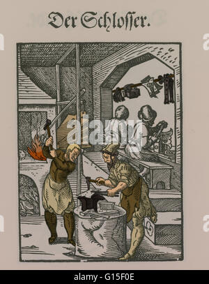 Le serrurier. La gravure reproduite à partir de Jost Amman's 'Eygentliche Beschreibung aller Stande auff Erden" ou "description exacte de tous les rangs sur la Terre'. Francfort, 1568. Amman documenté la vie contemporaine dans les années 1500. Son livre est connu sous le nom de Bo (Ständebuch Banque D'Images