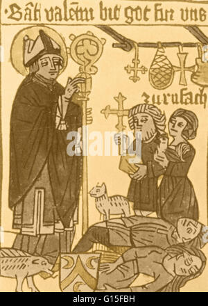 La mort noire a balayé l'Europe, ne laissant aucun pays intact, avant d'atteindre l'Angleterre. C'est un Pestblatt allemand menées pour protéger le propriétaire de peste. La mort noire (1340-1400) a été l'un des pires pandémies dans l'histoire humaine, Banque D'Images