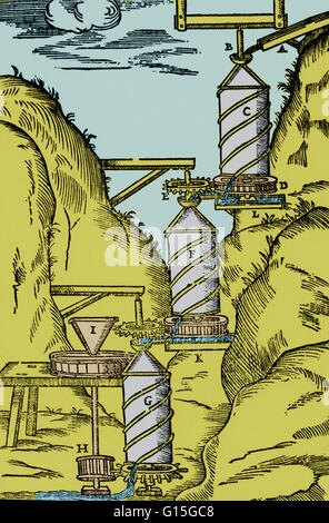Une illustration historique d'un moulin à eau avec vis d'Archimède, 1629, c'est le linge de Branca. Vis d'Archimède (aussi appelé un vis d'Archimède, une vis d'Archimède ou une screwpump) est un appareil inventé par Archimède dans le 3ème siècle avant J.-C. Banque D'Images