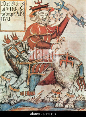 Manuscrit islandais du xviiie siècle représentant le dieu scandinave Odin riding Sleipnir, sa monture. Banque D'Images