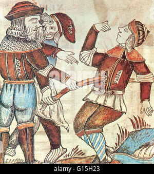 Illustration représentant le dieu nordique Loki consultation d'orchestrer la mort de Baldr aux mains de l'aveugle dieu Hoder, loi qui a ouvert la voie de la catastrophe finale du Crépuscule des dieux. À partir d'un 18e siècle dans le manuscrit islandais Banque D'Images