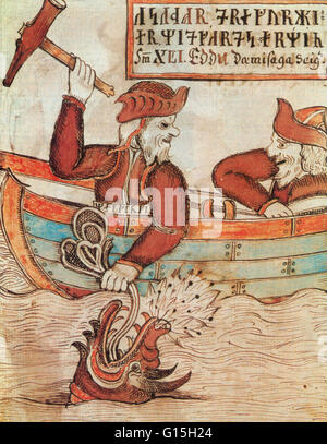 Illustration représentant le dieu scandinave Thor capturer le serpent Jormungandr. À partir d'un 18e siècle manuscrit islandais à la Bibliothèque royale de Copenhague. Banque D'Images