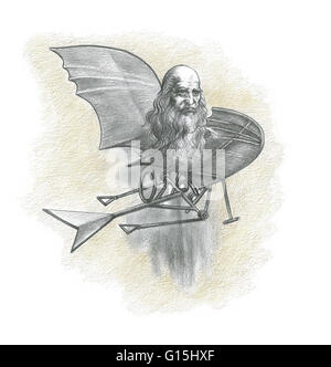 Une illustration de Léonard de Vinci avec un design pour une de ses machines volantes. En 1485, Leonardo da Vinci a commencé à étudier le vol des oiseaux et plus tard a croquis dessins conceptuels pour vol humain. Banque D'Images