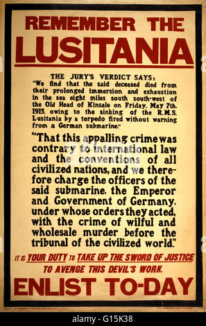 Une entreprise de la Première Guerre mondiale, l'affiche de recrutement de 1915. Le texte en bas dit : "Se souvenir du Lusitania. Il est de votre devoir de prendre l'épée de la justice pour se venger de ce travail du diable. S'engager aujourd'hui." Le naufrage du paquebot RMS Lusitania Cunard norm Banque D'Images