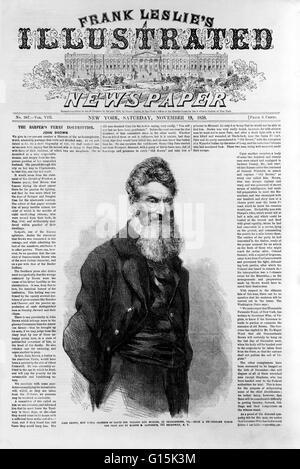 Première page de Frank Leslie's Illustrated Newspaper avec photo de John Brown. Le texte d'accompagnement décrit l'insurrection à Harper's Ferry. John Brown (1800-1859), un abolitionniste blanc, a tenté de lancer une révolte d'esclaves armés par des militaires s'emparer d'une Banque D'Images