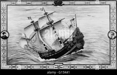 Illustration de la Grande Hermine, le plus célèbre des navires français du type galion ; camées de Jacques Cartier et de François Ier, roi de France sont en vedette dans les marges. C'était le bateau qui amena Jacques Cartier à Saint-Pierre le 15 juin, 1535 Banque D'Images