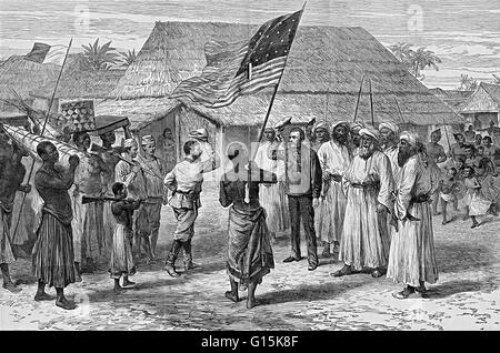 Gravure intitulée : rencontre Stanley Livingstone. Message d'Henry Morton Stanley montrant le Dr David Livingstone à un village de Ujiji, près du Lac Tanganyika dans l'actuelle Tanzanie. Stanley's porteurs position sur la gauche, un au centre porte un drapeau américain ; Li Banque D'Images