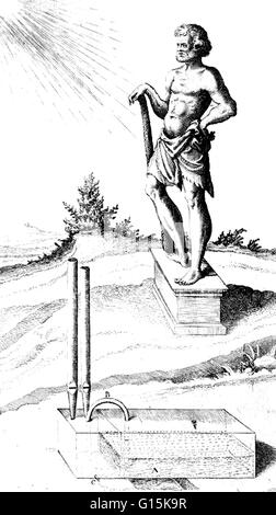 Intitulé : gravure monument jardin lorsqu'il est chauffé par le soleil apporte l'eau à ébullition à générer de la vapeur qui entraîne son à cause des tuyaux comme un organe ; statue montre, peut-être des héros d'Alexandrie. Hero (ou) Héron d'alexandrie (10-70 AD) était une ancienne Banque D'Images