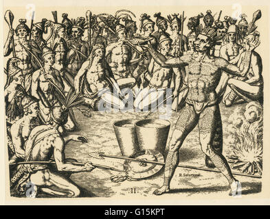 Fin 16e siècle gravure de Théodore de Bry, après une aquarelle de Jacques Le Moyne, intitulé "La Danse de guerre.' La gravure montre le chef pour préparer le combat. Deux récipients d'eau ont été utilisés dans le rituel. Un contenant, représentant le sang de l'ennemi, Banque D'Images