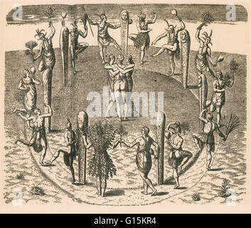 Fin 16e siècle gravure de Théodore de Bry, après une aquarelle de John White dans ce qui est maintenant la Caroline du Nord, intitulé 'leurs danses à leurs grandes fêtes.' La gravure montre des hommes et des femmes dansant autour d'un cercle défini par posts avec visages sculptés. Trois Banque D'Images